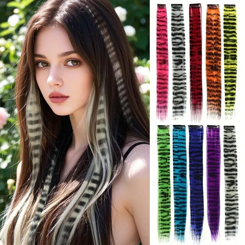 1pc/2pcs/3pcs/4pcs/6pcs/8pcs18" Long Straight Zebra Print Συνθετικό φτερό κλιπ σε Extension μαλλιών Ideal Halloween Christmas — image 2