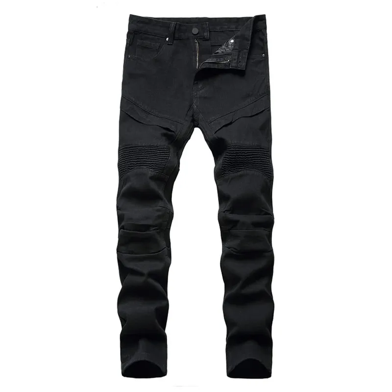 Ανδρικό Biker Jeans μαύρο λευκό πλισέ τζιν παντελόνι Plus μέγεθος Λεπτό ίσιο κλασικό παντελόνι