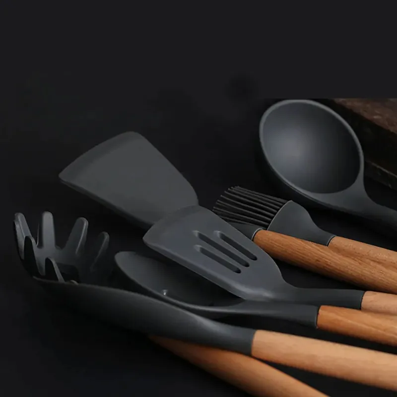 Silicone World Cooking Kitchenware Tool Silicone Utensils With Wooden Multifunction Handle Non-Stick Spatula Spoon Brush