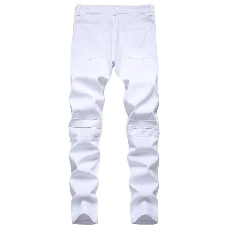 Ανδρικό Biker Jeans μαύρο λευκό πλισέ τζιν παντελόνι Plus μέγεθος Λεπτό ίσιο κλασικό παντελόνι