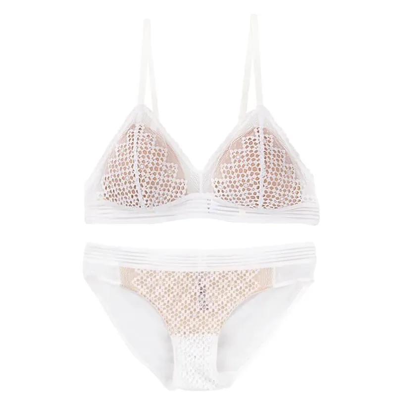 Sexy Hollow Out Lace Triangle Bra and Panties Set Underwear Soft Thin Cup Wireless French Bra Lingerie Women 2020 New