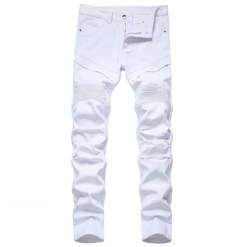 Ανδρικό Biker Jeans μαύρο λευκό πλισέ τζιν παντελόνι Plus μέγεθος Λεπτό ίσιο κλασικό παντελόνι