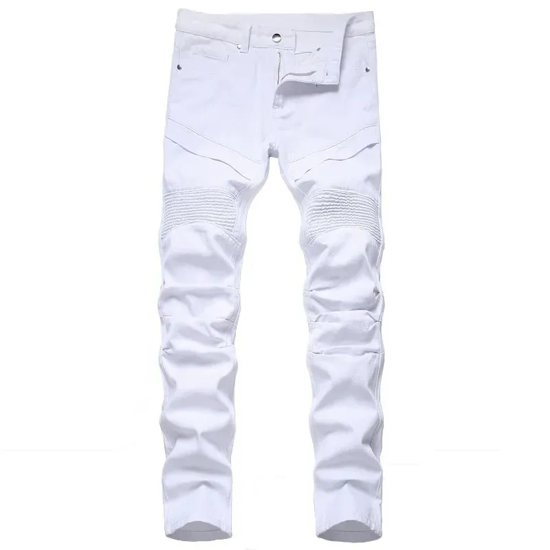 Ανδρικό Biker Jeans μαύρο λευκό πλισέ τζιν παντελόνι Plus μέγεθος Λεπτό ίσιο κλασικό παντελόνι