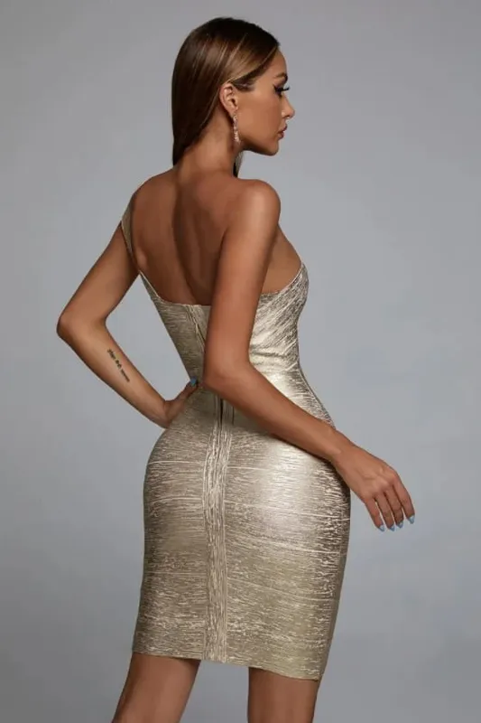 Κομψό Club Party Dress Vestidos υψηλής ποιότητας Celebrity One Shoulder Foiling Gold Print Rayon Bandage Dress — image 3