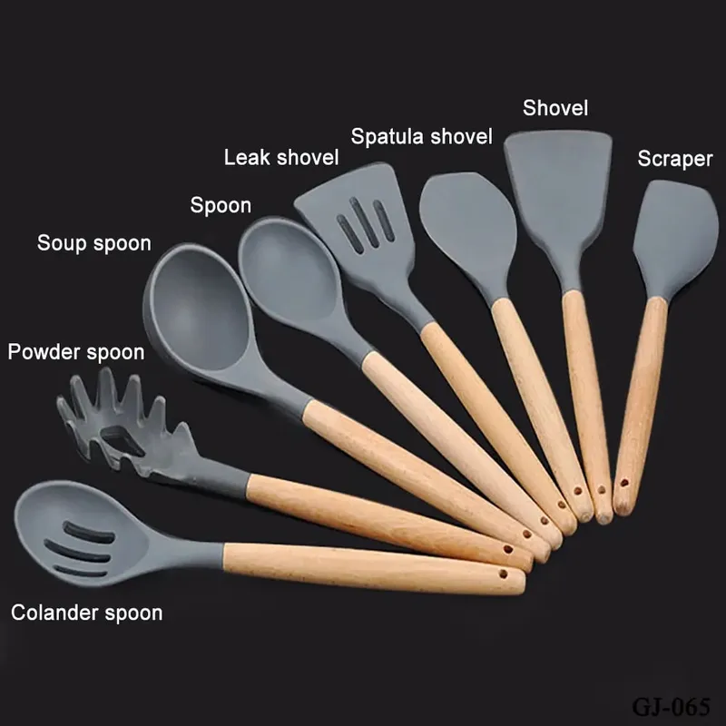 Silicone World Cooking Kitchenware Tool Silicone Utensils With Wooden Multifunction Handle Non-Stick Spatula Spoon Brush