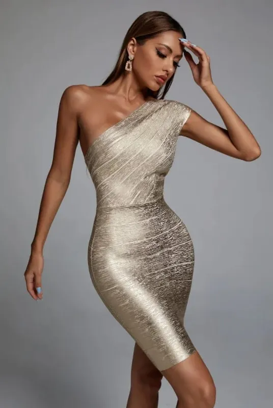 Κομψό Club Party Dress Vestidos υψηλής ποιότητας Celebrity One Shoulder Foiling Gold Print Rayon Bandage Dress — image 2