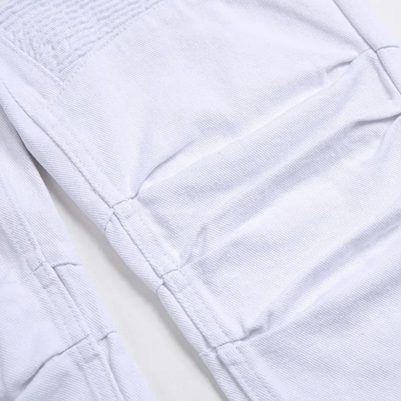 Ανδρικό Biker Jeans μαύρο λευκό πλισέ τζιν παντελόνι Plus μέγεθος Λεπτό ίσιο κλασικό παντελόνι