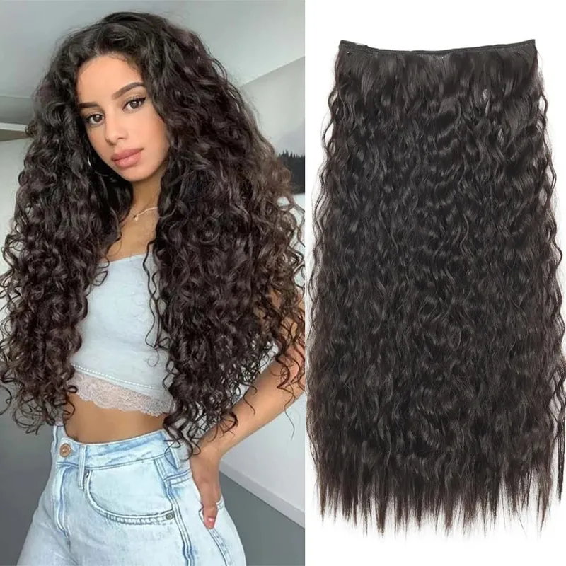 Synthetic Long Wave 5 Clips Hair Extensions Clips in High Temperature Fiber Black Brown Hairpiece — image 2