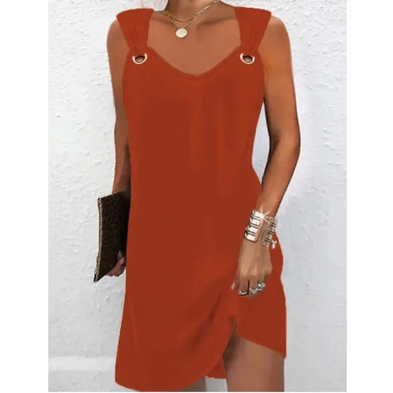 Női nyári alkalmi ruhák 2025 Elegáns, egyszerű stílus, egyszínű fémgombos V-nyakú, ujjatlan női ruha szexi Midi Vestidos — image 4