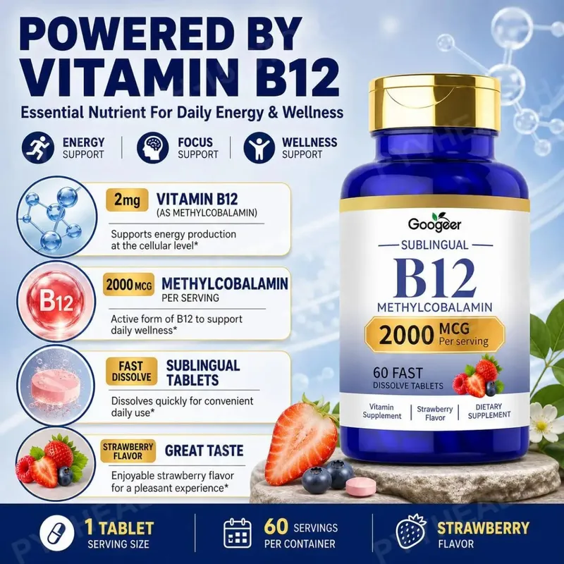 Googeer B12 מתילקובלמין תת-לשוני טבליות להמסה מהירה בטעם תות לתמיכה יומית בנוחות הגוף 60 טבליות