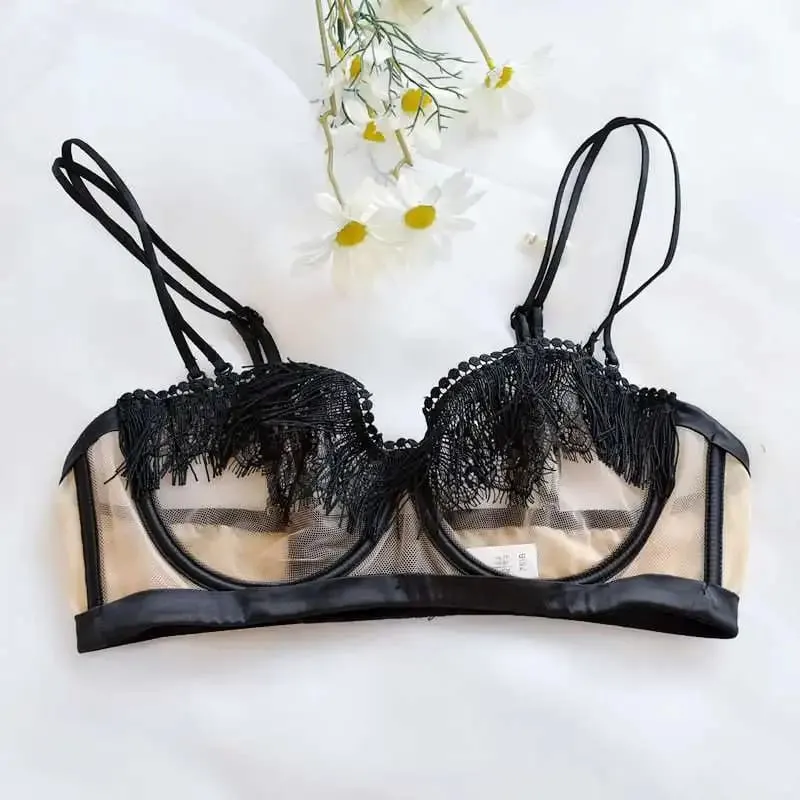 סט חזיית חזייה צרפתית סקסית קלה יוקרתית - Sheer Mesh Minimizer Bralette Ultra-Thin Lace הלבשה תחתונה מכירה מוגבלת במלאי