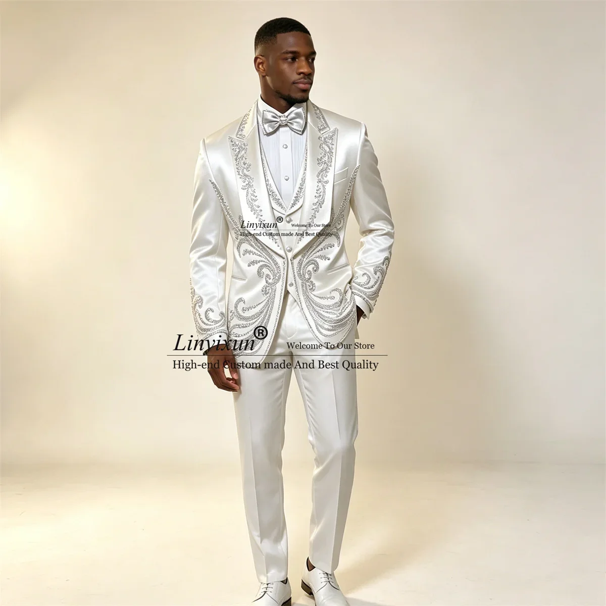 Sparkly Jewelry Diamond Men Suits Customized Slim Fit Groomsmen Male Blazers 3 Pieces Sets Wedding Party Tuxedos ropa hombre