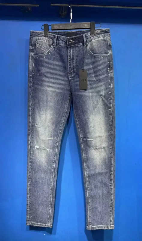 Új RTA Destroyed Scratch Hole Világoskék Distressed Farmer Férfi High Street Elasztikus Slim Fit Farmer 2026 márka nadrág utcai viselet — image 8