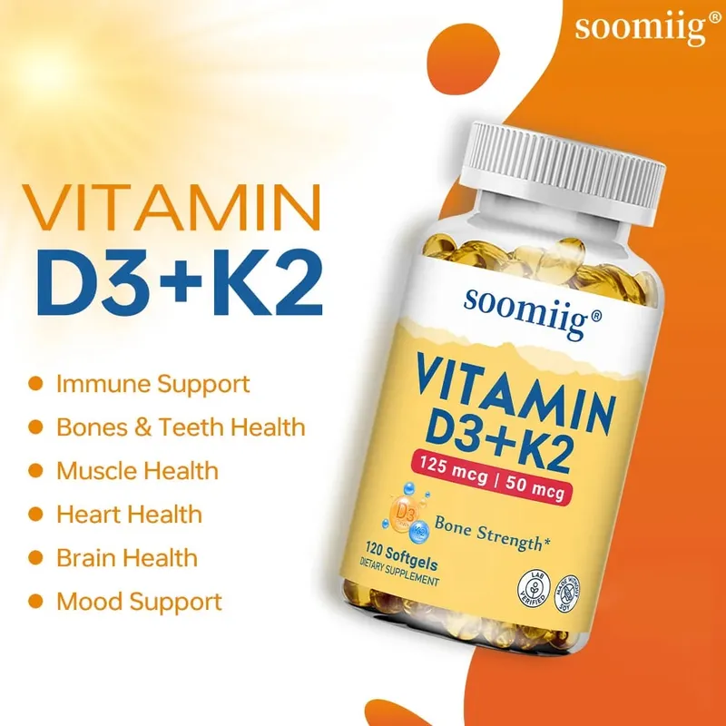 Vitamina D3 K2 - Suplemento de saúde óssea e suporte imunológico - com 5.000 UI de vitamina D e 50 mcg de vitamina K2 sem soja