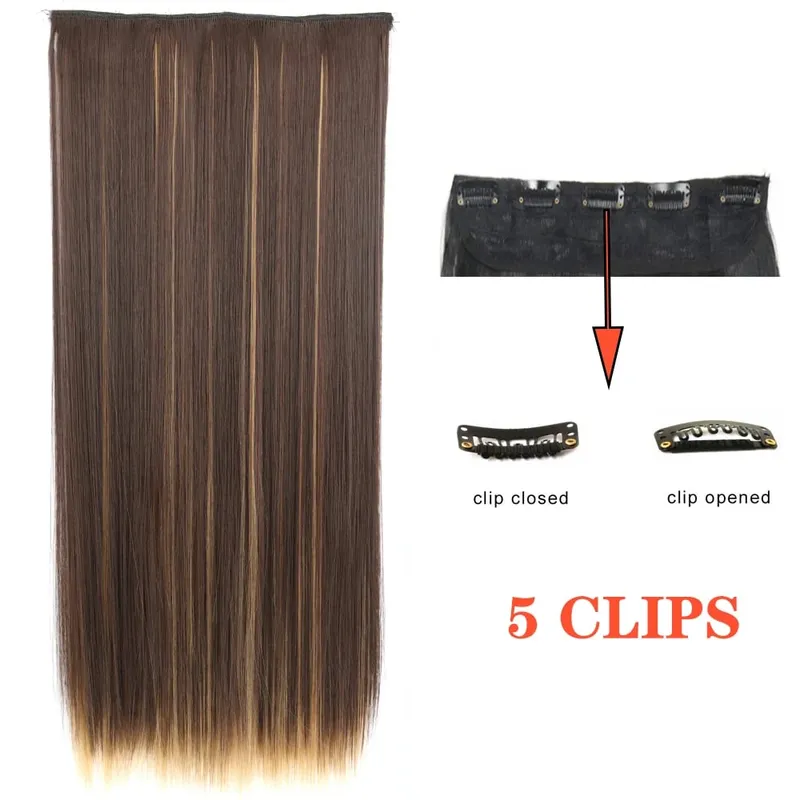 Synthetic Long Wave 5 Clips Hair Extensions Clips in High Temperature Fiber Black Brown Hairpiece — image 22