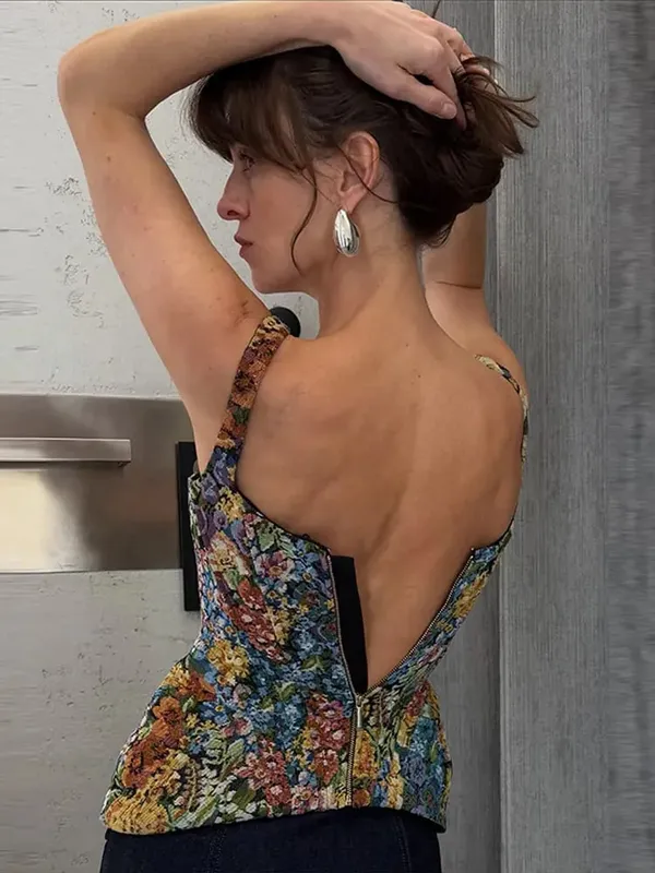 Floral print Cami Corset Top Λεπτές τιράντες U Lady Structured Waist pointed Hem Vintage 2026 Spring Summer Vacation Lady Chic Top