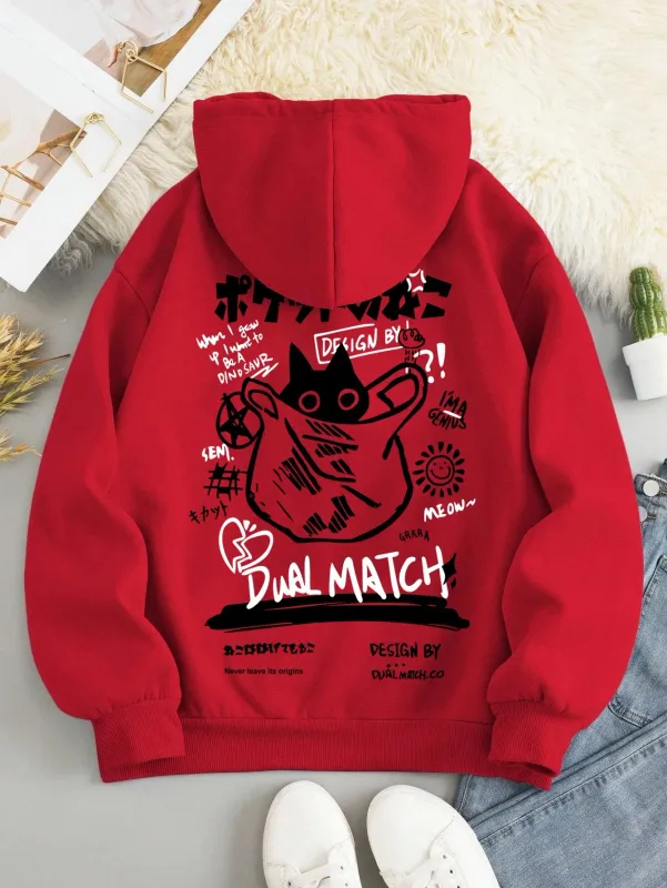 Style japonais Sweat à capuche chat noir Hommes Femmes Rue extérieure Mode décontractée Dessin animé Sport à manches longues Adulte Sweat d'automne et d'hiver