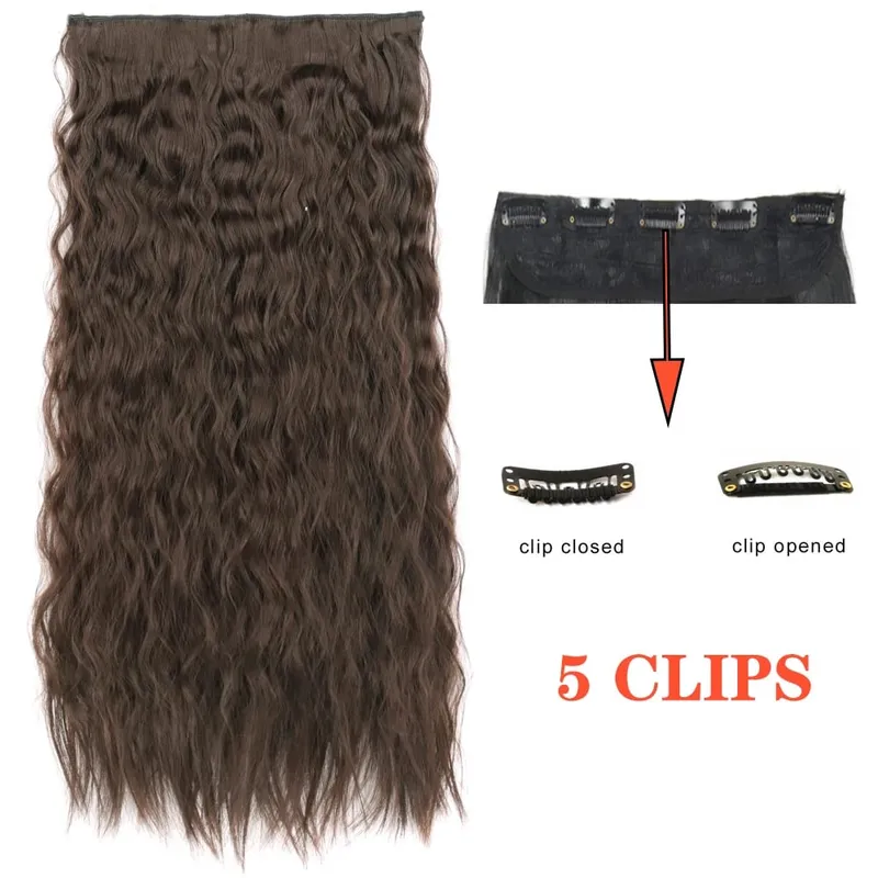 Synthetic Long Wave 5 Clips Hair Extensions Clips in High Temperature Fiber Black Brown Hairpiece — image 10
