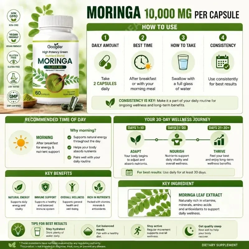 Prémium Moringa táplálékkiegészítő természetes levélkivonattal gyógynövényes tápformula a mindennapi wellness támogatásért 60 kapszula