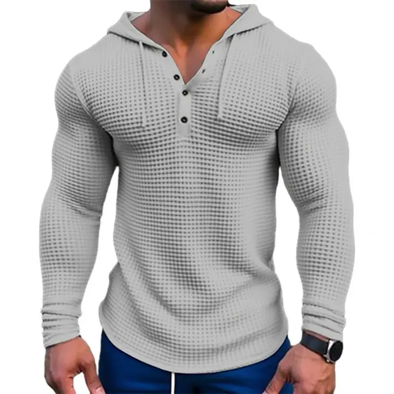 Camiseta de manga larga ajustada de Color sólido para primavera, Top deportivo transpirable con capucha para hombre, camisa informal de manga larga de algodón Waffle