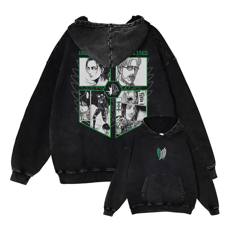 Anime Levi Hoodies Vintage Washed A-Attack on Titan Hoodie Casual Manga Yeager Eren Kapuzenpullover Titan Attack Pullover — image 24
