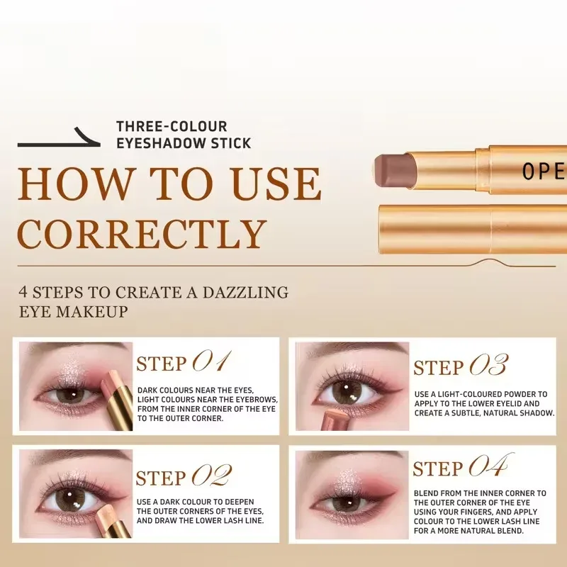 Glitter 3-Color Gradient Eyeshadow Stick Pencil Three Tone Shimmer Metallic Lazy Eye Shadow Pen Waterproof 3 in 1 Eye Makeup
