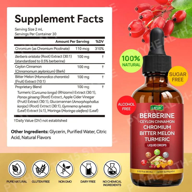 Lenm Berberine Liquid Drops with Ceylon Cinnamon Chromium Bitter Melon Turmeric for Metabolic Wellness Support 60ml 30 Servings — image 2