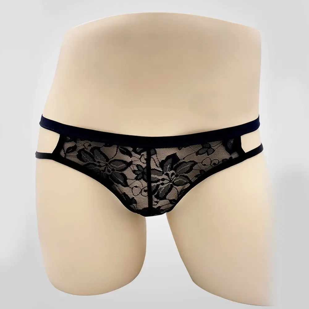 Sexy Underwear Men's G-Strings Exotic Lingerie Panties Sheer Lace Pouch Hollow Out Lace Flower Pattern Adjustable Waistband — image 12