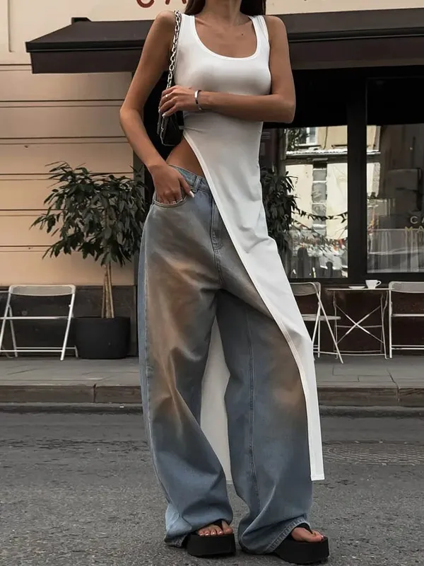 Καλοκαιρινή προσωπικότητα trend slim fit μονόχρωμο street niche ακανόνιστο ασύμμετρο στρίφωμα αμάνικο καμισό φόρεμα — image 3