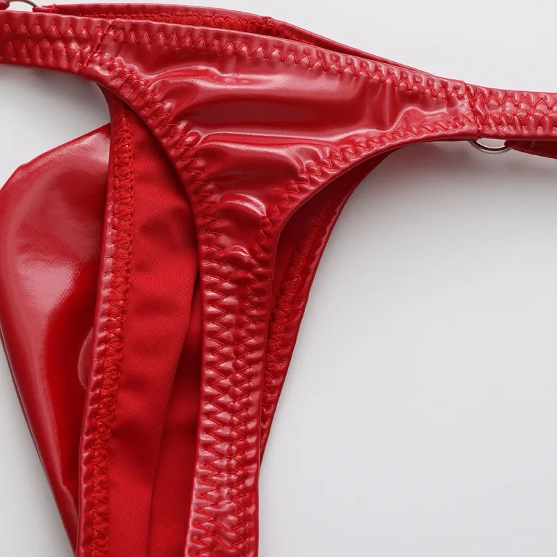 1pc Men Shiny Leather Waist With Metal Ring G-strings Thongs Gay Bulge Pouch Low Waist Stretchy Underwear Butt-Exposing Sexy — image 9