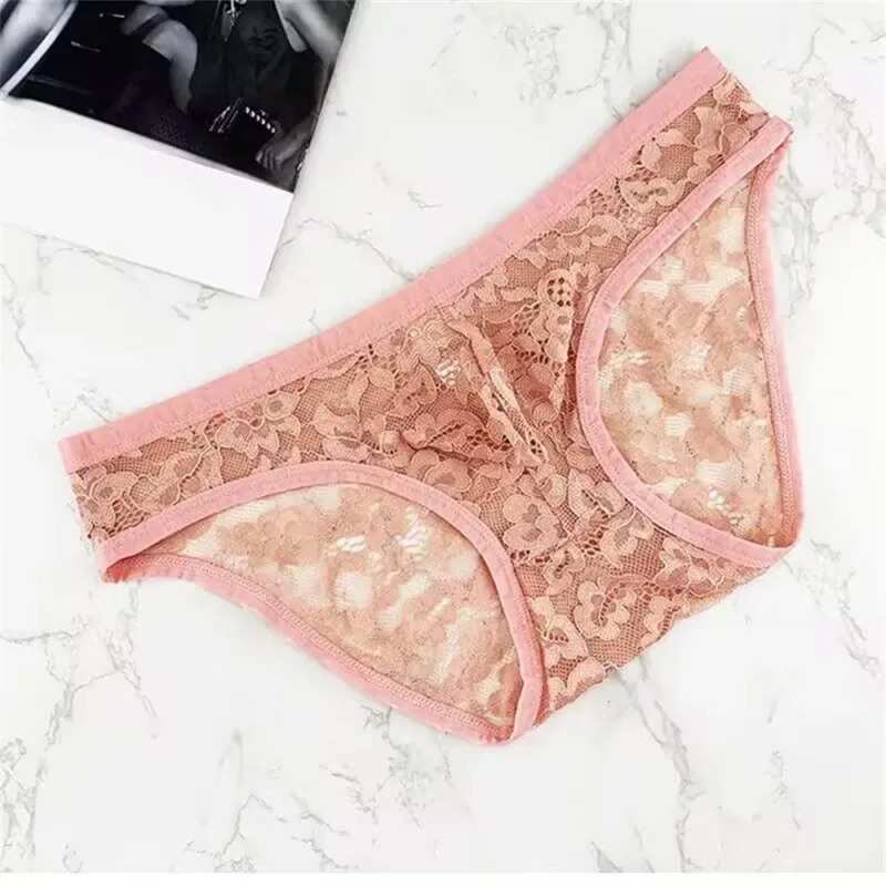 Men's Hollow Out Lace Briefs Shorts Transparent Mesh Underwear Plus Size Underpants Ultra-thin Breathable Jacquard Panties