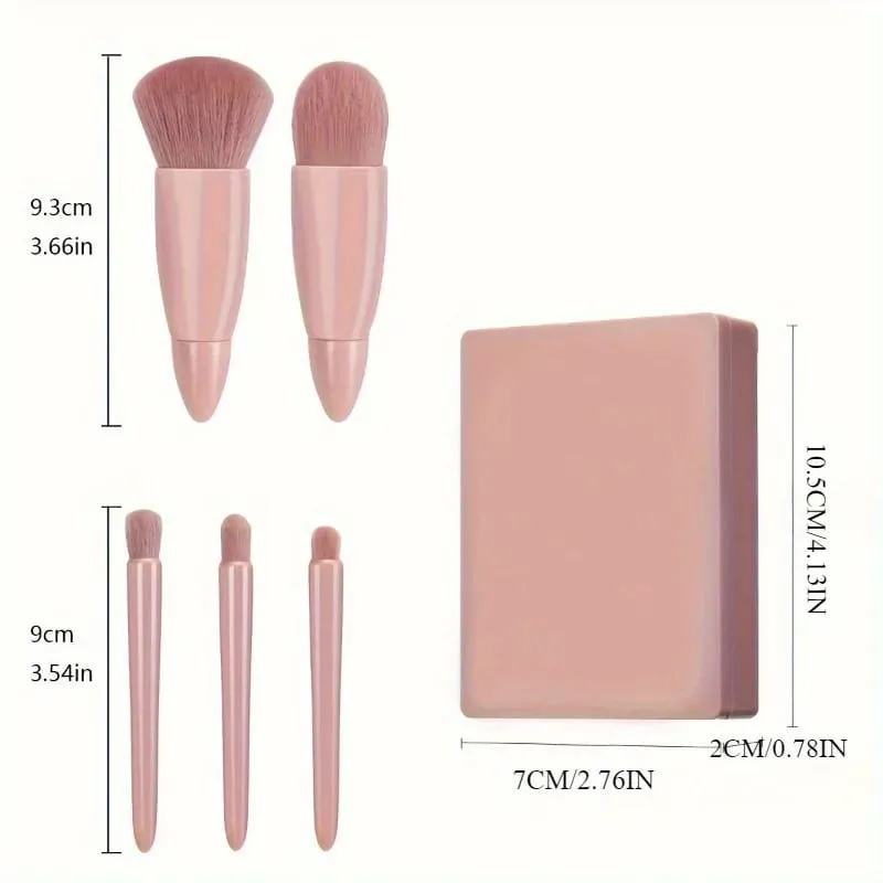 5pcs Mini Pincel de Maquiagem Conjunto com Espelho - Pincéis Cosméticos de Viagem Multifuncionais Unscented Palm Brush Design Ferramentas de Maquiagem
