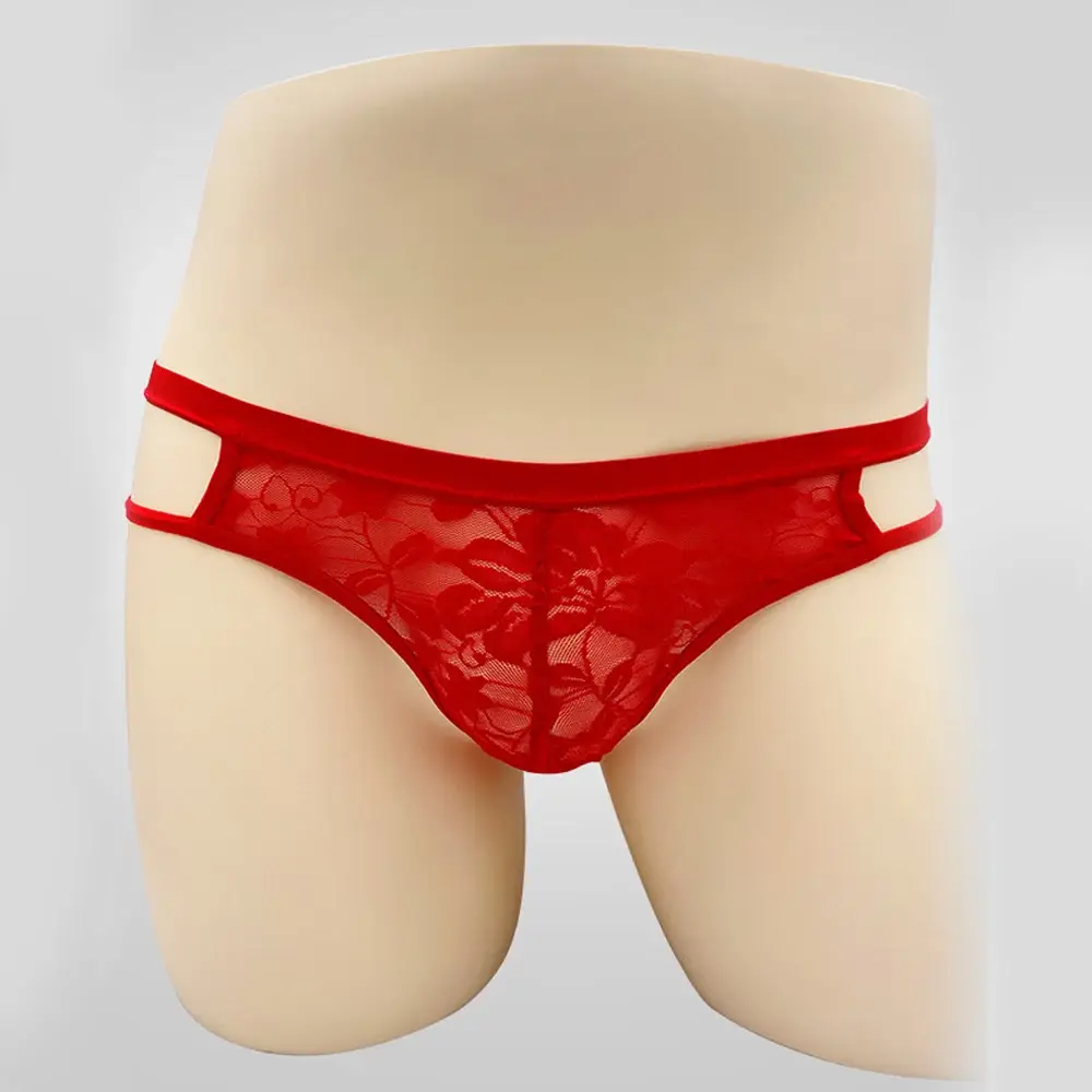 Sexy Underwear Men's G-Strings Exotic Lingerie Panties Sheer Lace Pouch Hollow Out Lace Flower Pattern Adjustable Waistband — image 2