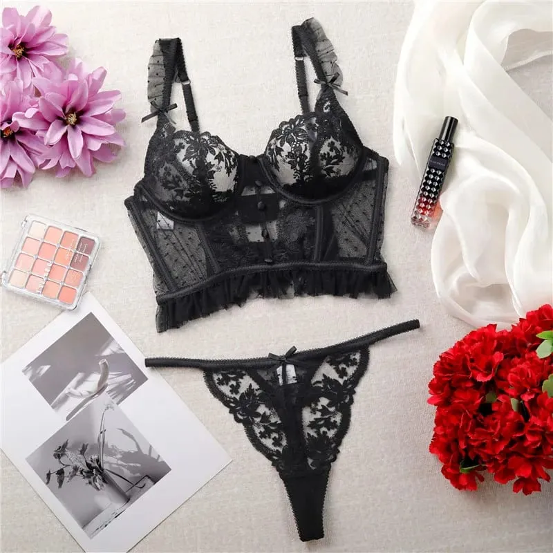 Σέξι σουτιέν Σύντομο Σετ βολάν Εσώρουχα με κουκκίδες Κέντημα Λουλούδια Μασίφ εσώρουχα Εσώρουχα δαντέλα με δύο πίσω κλείσιμο οικεία εξωτικά σετ — image 7