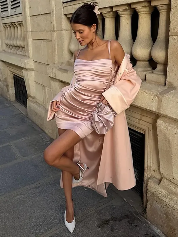 Women Dress Satin Spaghetti Strap Maxi Dresses All Side Ruched Gathered Waist Bodycon Slimming Evening Party Wedding Dress Lady