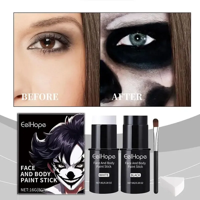 Halloween Black White Face Body Paint Kit Full Coverage Lighweight Foundation Clown Joker Makeup Festive Makeup Accessories Set