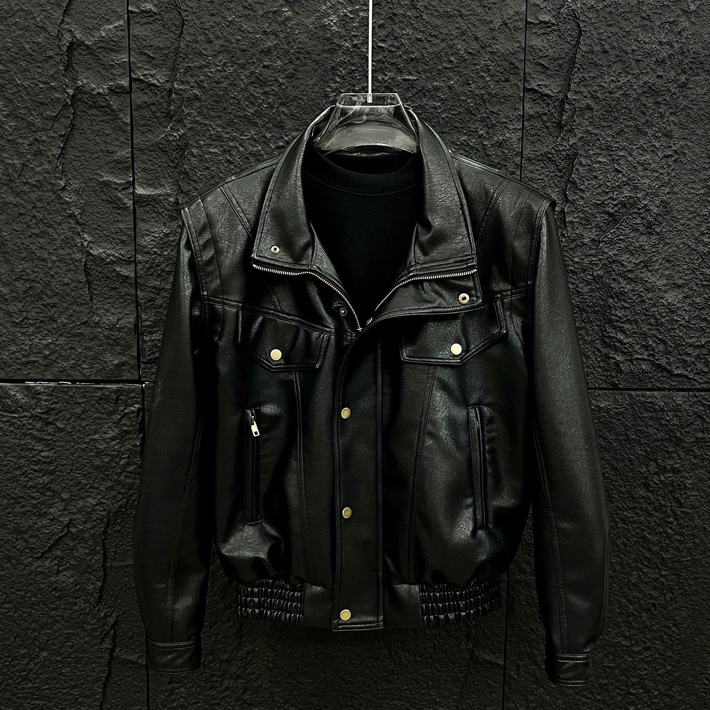 Techwear Style Detachable Faux Fur Collar Leather Jackets Man Winter Warmer Motorcycle Vintage Punk Leather Coat — image 6