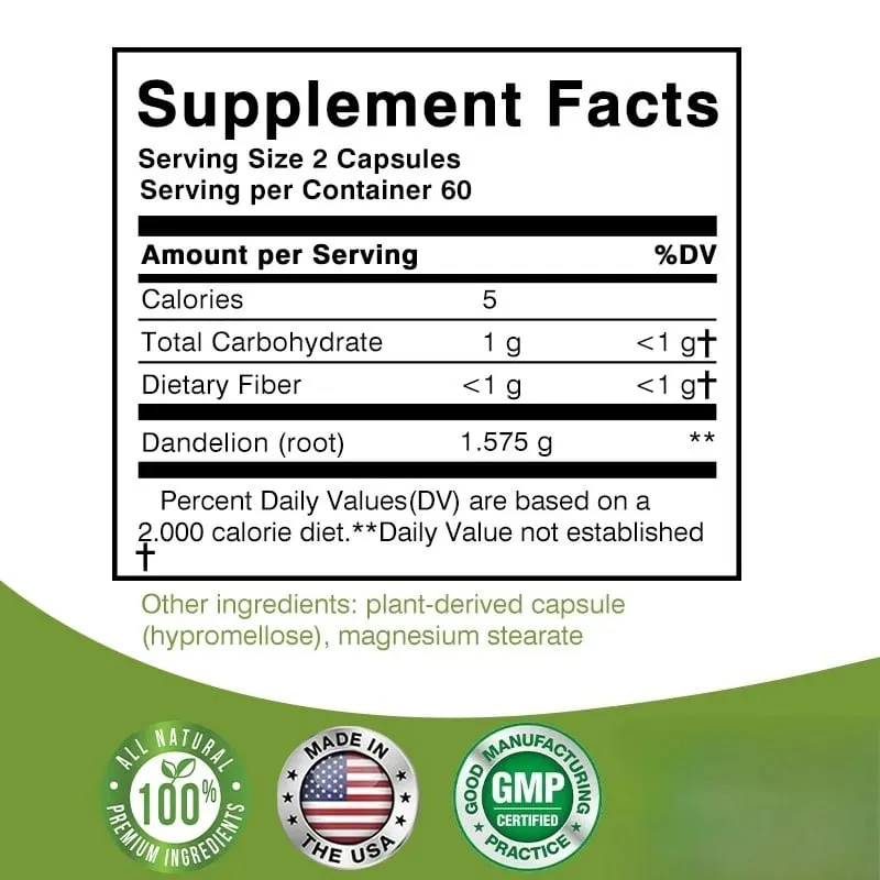 Dandelion Root Extract Capsules for Liver Detox Protection Liver Support Strong Immune System Normal Blood Pressure & Sugar