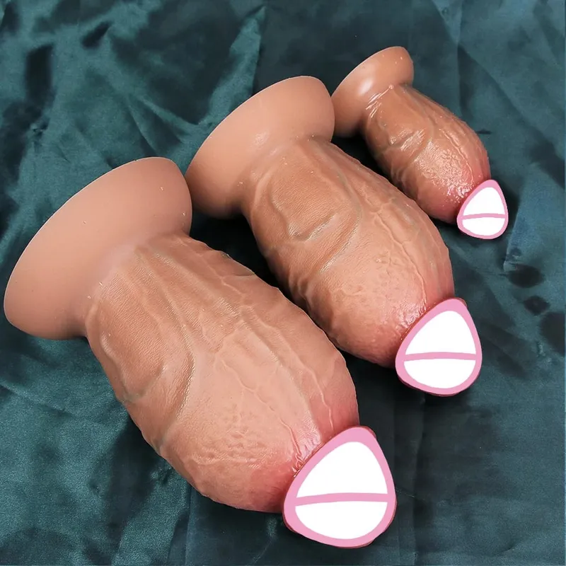 Ρεαλιστικό μαλακό καφέ χοντρό Dildo 3 μεγεθών Τεράστιο ψεύτικο πέος διπλό κόκορας σιλικόνης Γυναίκα Άνδρας Αυνανισμός Βεντούζα Παιχνίδια πρωκτικού σεξ