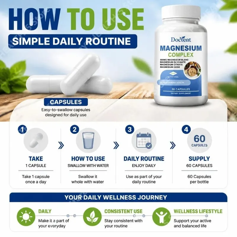 Κάψουλες Docteat Magnesium Complex με 500mg μείγμα μαγνησίου υποστηρίζει την υγεία των νεύρων και τον ενεργειακό μεταβολισμό καθημερινά 60 κάψουλες — image 5