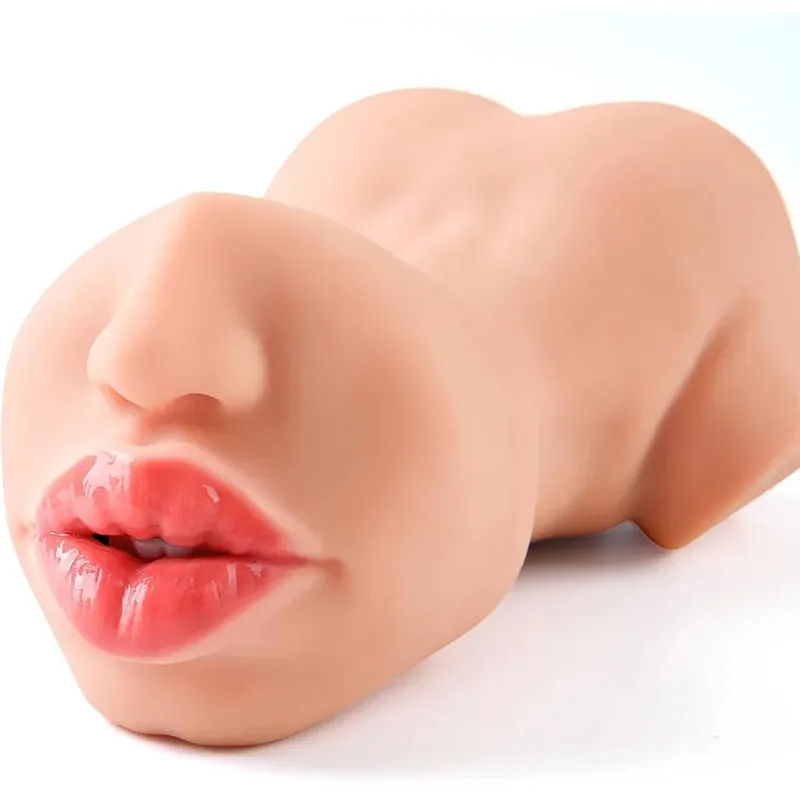 1pc Double-Ended Male Masturbation Sex Toy with Realistic Sexy Plump Lips Pocket Stroker Toy with Mouth Tongue&Textured Vagina