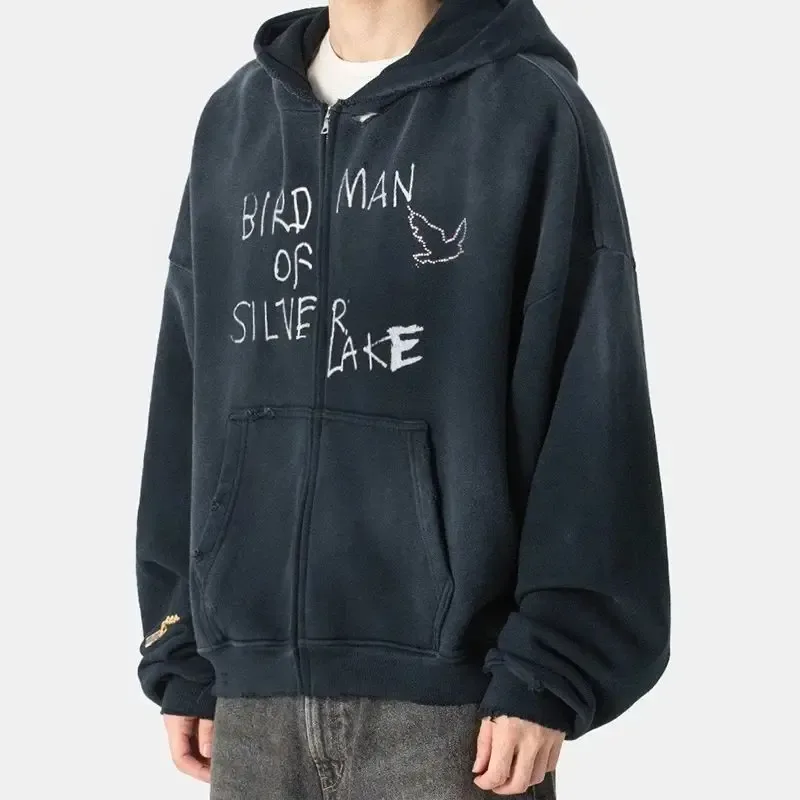 Nuevas sudaderas con capucha PALY de gran tamaño para hombre y mujer, cárdigan Vintage informal lavado negro dañado de la mejor calidad, sudaderas con cremallera — image 39