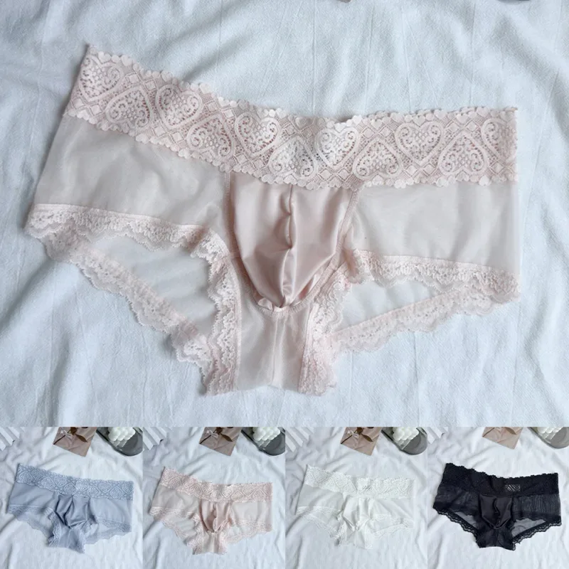 Men Ice Silk Lace Trim Thin Seamless Briefs Glossy 3D Pouch Lightweight Underwear Panties Comfortable Daily Lingerie