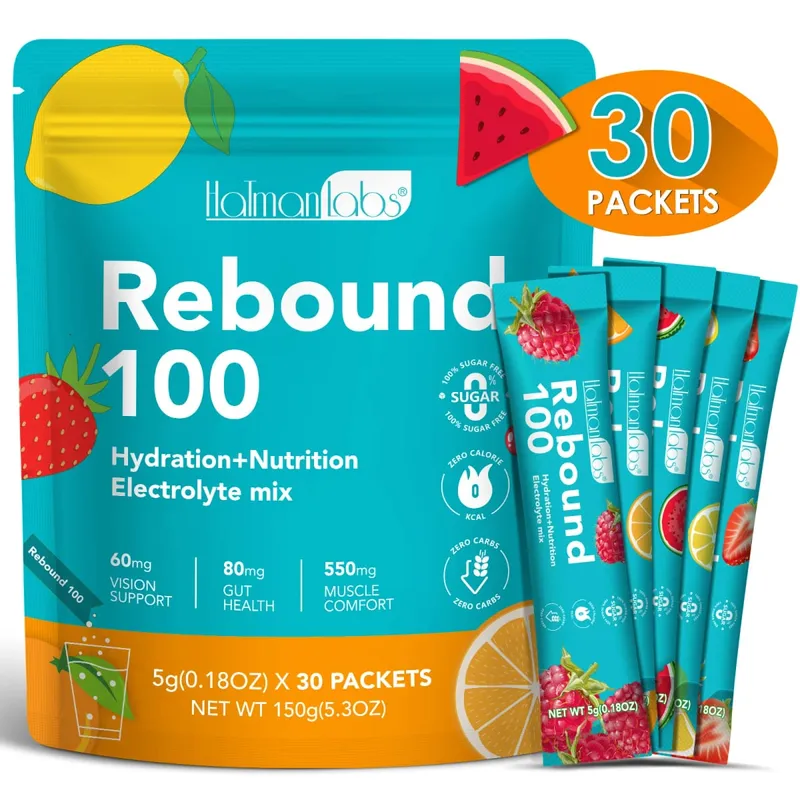 Rebound 100 Electrolyte Powder for Hydration Muscle Comfort with Zero Sugar & Calorie Energy Drink Mix for Workouts 30 Count