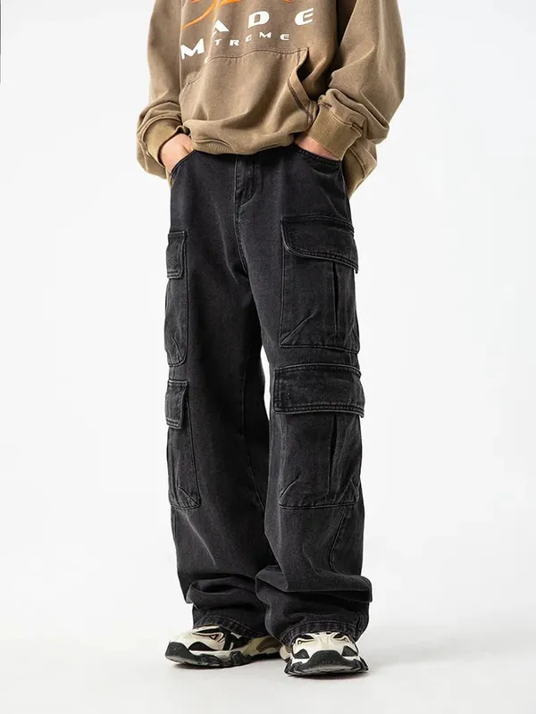 Gothic Harajuku Y2K Multi-Pocket Washed Black Jeans Ανδρικό Φαρδύ παντελόνι Drag Hip Hop Rap 90s Spice Girls — image 4