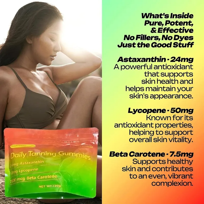 Tanning Gummies - Φυσικό συμπλήρωμα μαυρίσματος με ασταξανθίνη λυκοπένιο & βήτα καροτίνη - Ενισχύει τη μελανίνη για λαμπερό δέρμα και λάμψη
