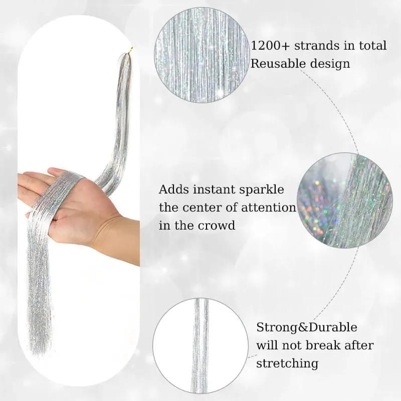 Synthetic 6PCS Sparkle Shiny Tinsel Hair Extensions Colored Long Straight Tinsel Kit 1200 strands Hairpiece for Girls Party Use — image 4