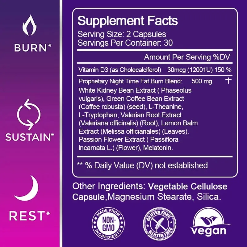 Slimming Capsule Night Time Fat Burner for Weight Loss Boost Metabolism Suppress Appetite Diet，Healthy Weight Management
