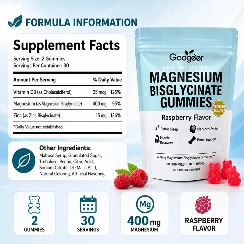 Magnesium Bisglycinate Gummies Raspberry Flavor 400mg Magnesium Vitamin D3 Zinc High Absorption 60 Count Daily Supplement