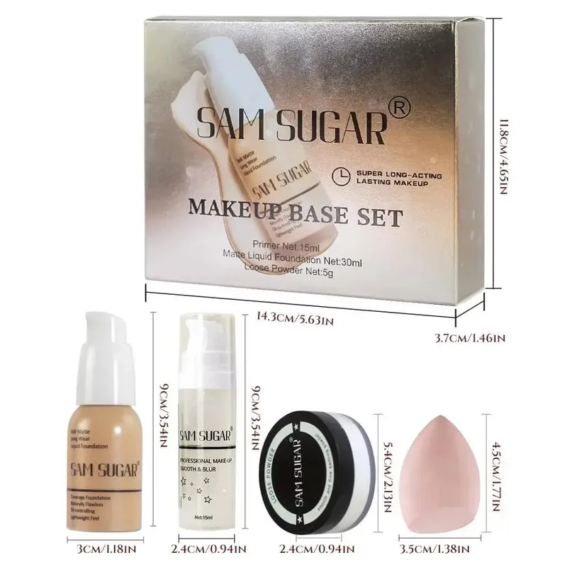 Σετ βάσης μακιγιάζ με 15ml Primer 30ml Matte Foundation 5g Loose Powder Puff για λεία και άψογη επιδερμίδα Μακριά ρούχα